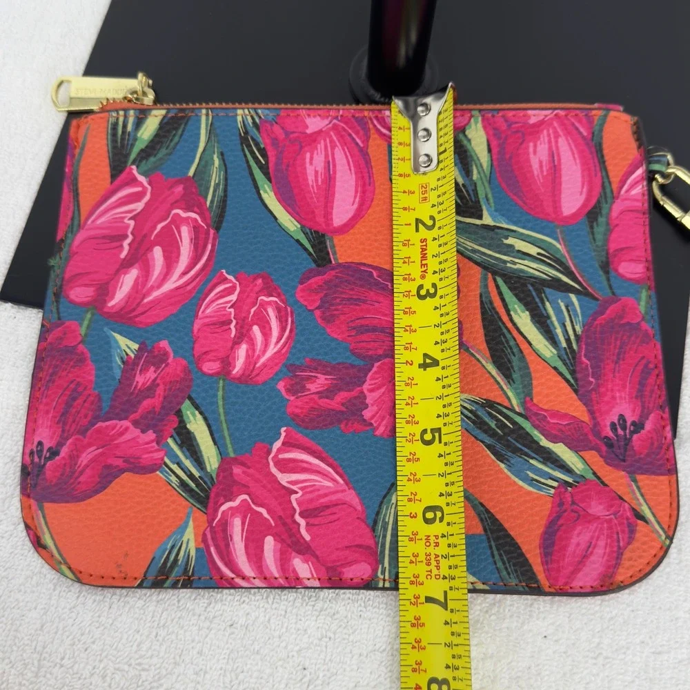 Steve Madden Floral Tulip Print Wristlet Clutch Bag Pink Orange Blue Gold Zip